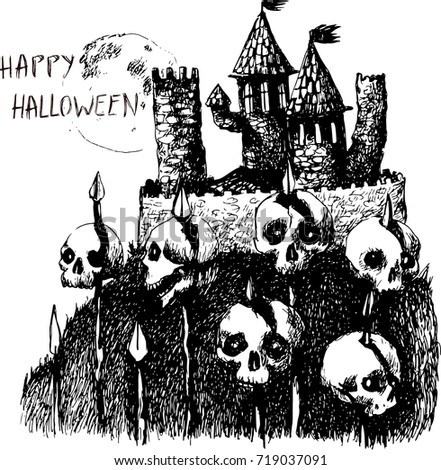 Halloween greeting card. Ghost castle, moon, skulls are illustrated.