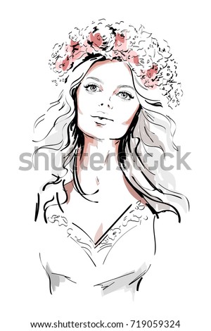Beautiful young woman with flower wreath in long hair. Hand drawn woman portrait. Sketch. Vector illustration.