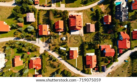 Aerial view, flying above houses, buildings and trees / Birds perspective / Zlatibor Serbia
