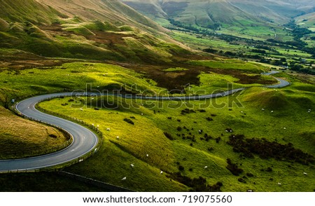 Sheep at Mam Tor, Peak District National Park, with a view along the winding road among the green hills down to Hope Valley, in Derbyshire, England. Royalty-Free Stock Photo #719075560