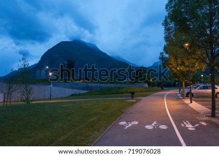 Cycling lanes on an overcast evening in the French city of Grenoble