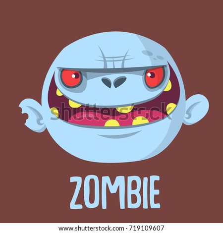 Cartoon funny gray zombie head. Vector illustration. Design for logo, emblem, print or party invitation for Halloween