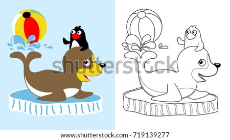 Cute seal with penguin playing ball on ice chunk, vector cartoon, coloring page or book