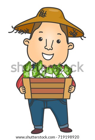 Illustration of a Farmer in a Straw Hat Carrying a Wooden Crate Filled With Cash