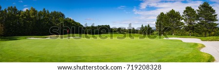 Panorama View of Golf Course with putting green in Hokkaido, Japan. Golf course with a rich green turf beautiful scenery. Royalty-Free Stock Photo #719208328