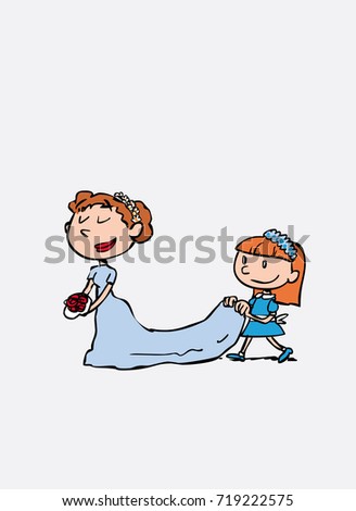 Bride arriving at the altar for her wedding. Vector isolated character.
