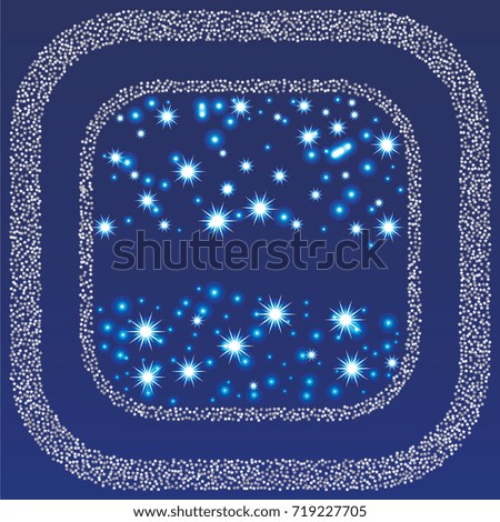 Square xmas frame or border of a random scatter silver stars with christmas lights, snowflakes and sparkles, on a blue background.