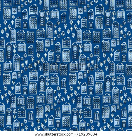 Vector seamless pattern with doodle houses and trees. Light yellow homes on dark blue background.
