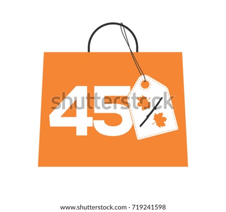 Orange shopping bag with 45% text and a maple leaf percent design white price tag label on it isolated on white background. For autumn sale campaigns.