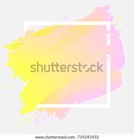 Gradient pink yellow strokes with paint brush texture in a white square frame isolated on white background. Vector illustration for sale banner, logo. Design for premium festive card or poster design.