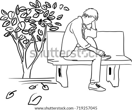 Vector art drawing of Very sad man sitting alone on white background, Depressed young man sitting on Marble chair