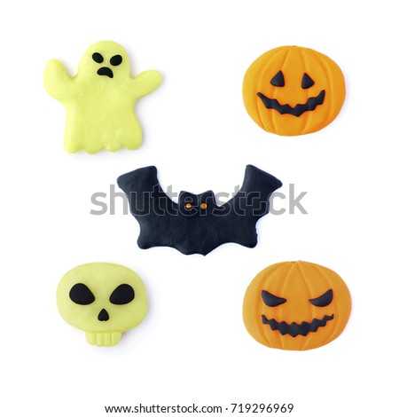 3d halloween set happy angry pumpkin bat ghost skull design handmade clay isolated on a white background