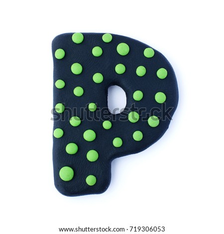 3d black lime green text word letter P isolated on white background. Cute cartoon figures handmade handicraft for clay