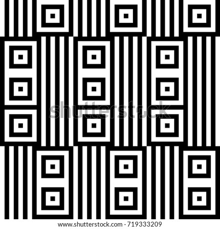Seamless pattern with black white checked squares and striped lines. Optical illusion, illusive effect. Kinetic tile in op art. Vector hypnotic background, texture. Geometric frame, vibrant design.