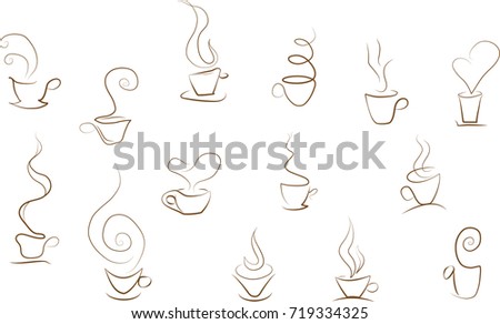 Brown Coffee Cups. Hand drawn coffee cups. Various coffee cups with smoke.
