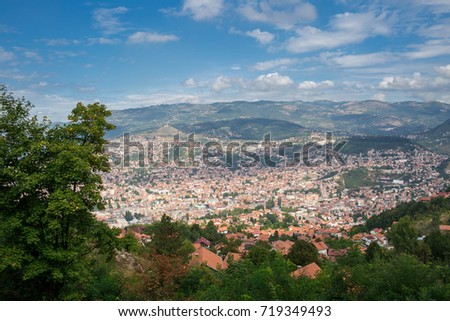 Panoramic aerial view of Sarajevo the capital of  Bosnia and Herzegovina in a beautiful summer day architecture travel background