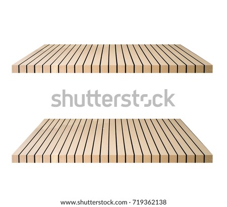 Set of empty brown wooden shelf on white background. for montage of your product