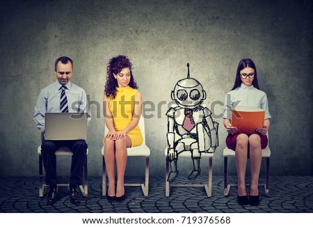 Cartoon robot sitting in line with applicants for a job interview 
