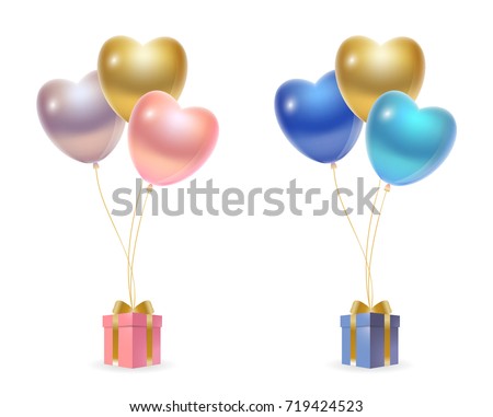 Colorful Bunch of Birthday Balloons for Party, Celebrations Isolated on White Background. blue, pink, Golden, red, green, yellow, blue balloons, gift box, presents for boys, girls. Vector Illustration