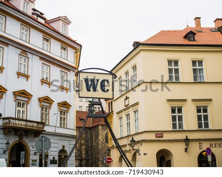 2 September 2017: WC or toilet banner installed in the middle of the town of Prague, Czech republic. Toilet is installed in the underground of the middle of street.