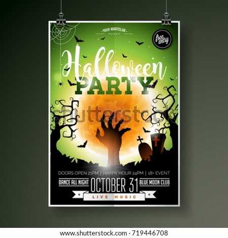 Halloween Party flyer vector illustration with zombie hand on gr