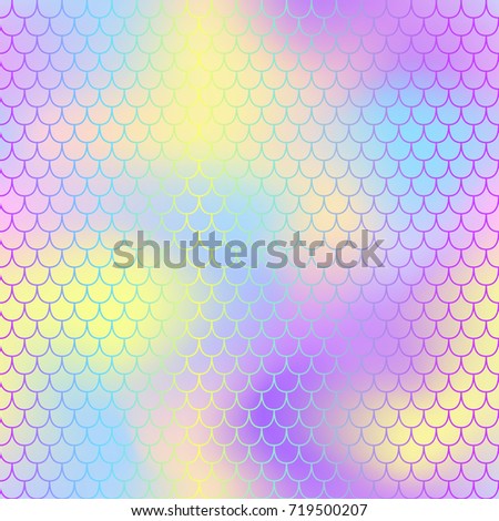Vibrant fish scale pattern with color mesh background. Mermaid vector seamless pattern. Aquatic surface design. Smooth color mesh tile. Marine animal skin ornament. Aquatic pattern. Magic mermaid tail
