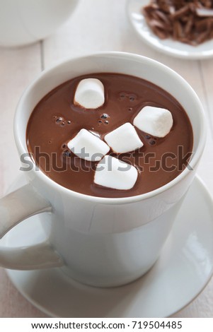 Vertical photo of a white mug of hot chocolate with marshmallow