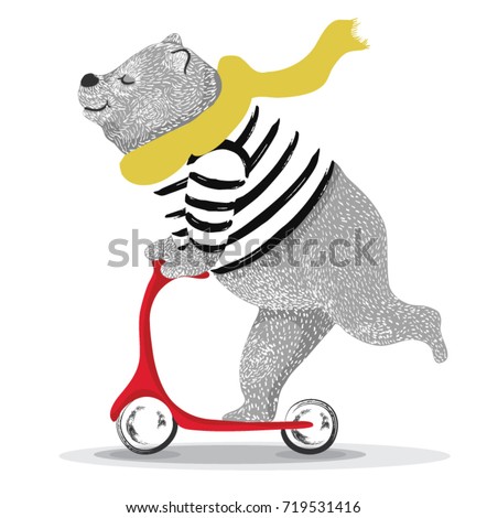 Cute bear scooter vector design.animal illustration.T shirt graphic.