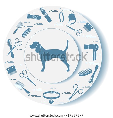 Decorative plate with dog silhouette, combs, collar, leash, razor, hair dryer, scissors. Design for banner, poster or print.