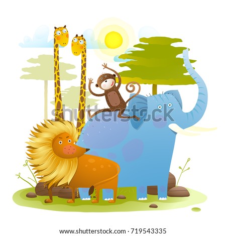 African friendly animals zoo with landscape cartoon for kids. Elephant lion monkey giraffe in Africa colorful animals group baby illustration. 