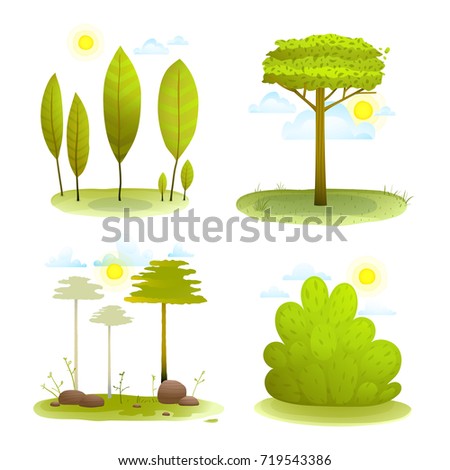 Trees and bush forest landscape backgrounds collection. Green baby landscape cartoon design backdrop illustration watercolor style set. 