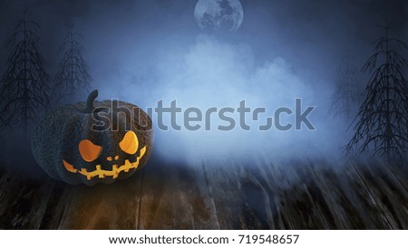 Halloween pumpkin on wood In deep forest at night time. Halloween scary concept. 3d rendering
