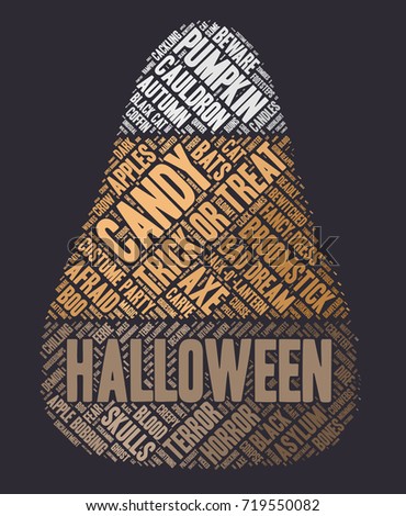 Halloween word cloud illustration on dark background with words related to halloween - witch, trick or treat, candy, pumpkin, halloween, knocking and similar