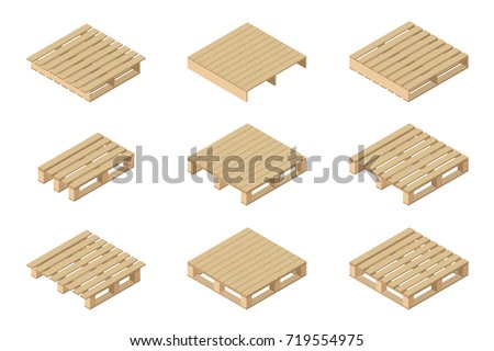 Vector isometric set of different wooden pallets. Isolated on white background. Flat style. Royalty-Free Stock Photo #719554975