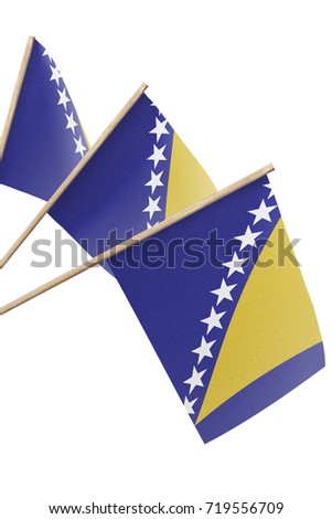 Bosnia and Herzegovina, multiple small flags hanging, isolated on white background