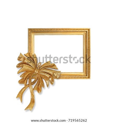 Golden frame with Christmas decorative bow isolated on a white background