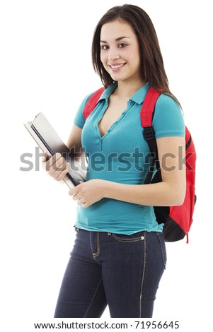 Stock image of young female student isolated on white background