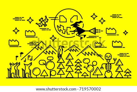 Halloween background for card and banner. Vector illustration with moon, trees,
silhouette of witch, mountains, wolves, skeleton, bird, bat.