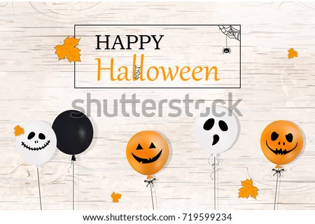 Happy Halloween. Holiday concept with white, orange, black  balloons, falling  leaves, spider web for banner, poster, greeting card, party invitation. wooden background. vector cartoon  illustration.