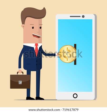 Businessman putting coin in  smartphone. Mobile payment concept. Vector Illustration