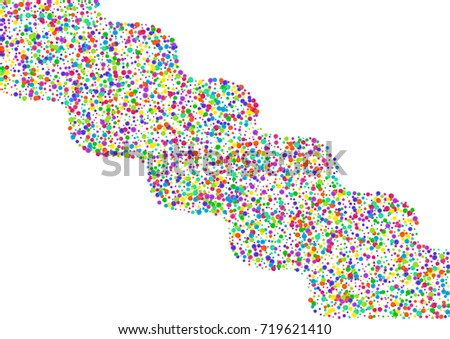 Watercolor rainbow colored confetti background. Colorful watercolor dots on white background. Diagonal wavy stripe with small dense spots. Isolated confetti for birthday party. Horizontal illustration