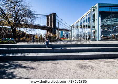 Dumbo in Manhattan, New York City,  with the Brooklyn Bridge in the background