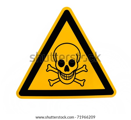 Yellow triangular danger sign with black skull