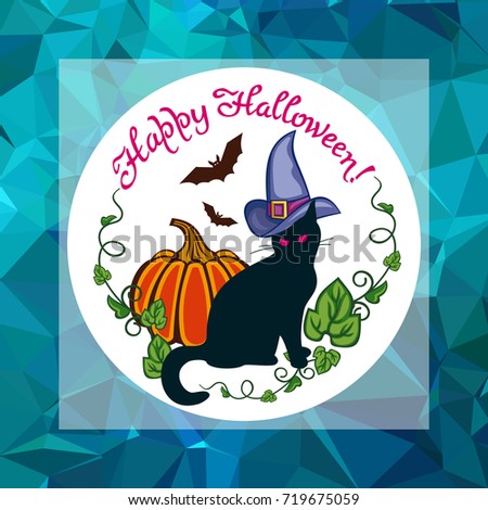 Mosaic backdrop with black cat in witch hat, pumpkin and hand drawn text "Happy Halloween!". Holiday halloween background for greetings cards, banners, layouts. Vector clip art.