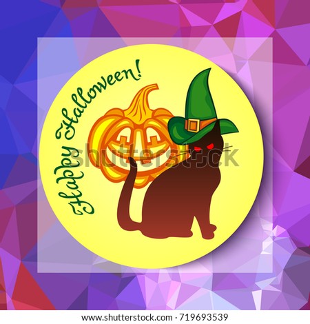 Mosaic backdrop with black cat in witch hat, pumpkin and hand drawn text "Happy Halloween!". Holiday halloween background for greetings cards, banners, layouts. Vector clip art.