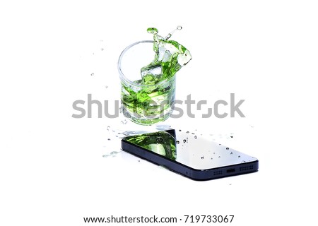 Water in glass spilled smart phone on white background