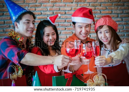 Group of happy young Asian people  enjoying home party. ,celebration party concept