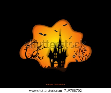 Halloween night background with haunted house and spooky forest with dead trees (Vector paper art style)