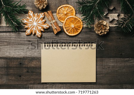 Christmas background with decorations and gingerbread