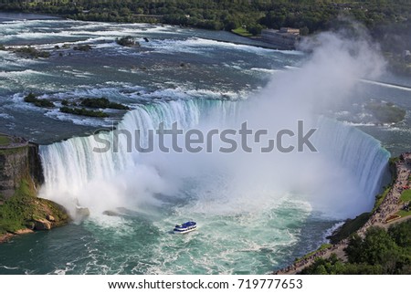 Horseshoe Falls in Niagara and Maid of the Mist boat, aerial view